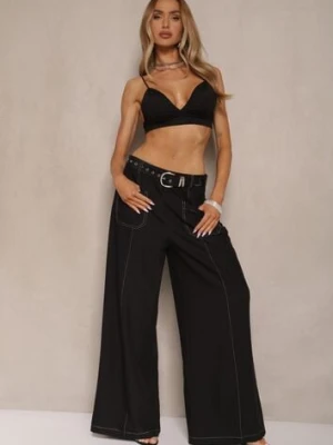 Czarne Szerokie Spodnie High Waist z Wiskozą z Ozdobnymi Przeszyciami Linadia bisou's project