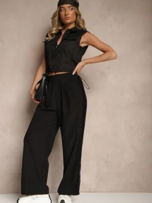 Czarne Szerokie Spodnie z Bawełną High Waist Ozdobione Koronką Efandiela alina