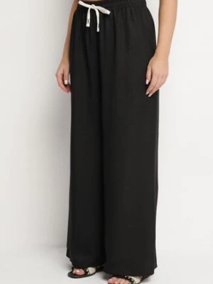 Czarne Szerokie Spodnie z Bawełną i Wysokim Stanem Ozdobione Wiązaniem Laveldi j&x