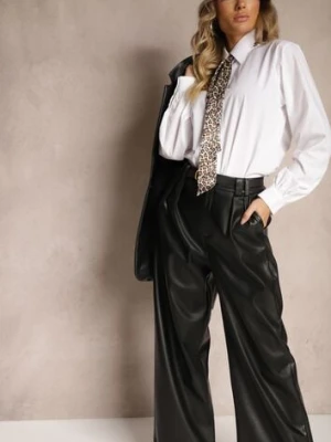 Czarne Szerokie Spodnie z Imitacji Skóry High Waist z Paskiem z Klamrą Labora studio eleven