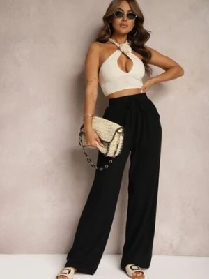 Czarne Szerokie Spodnie z Wiskozy z Dodatkiem Lnu Delsira retro & icone