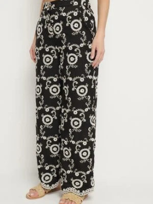 Czarne Szerokie Spodnie z Wysokim Stanem i Haftem Tulsedi rosa