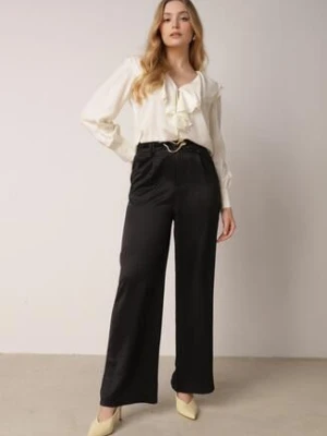 Czarne Szerokie Spodnie z Wysokim Stanem z Domieszką Bawełny i Geometryczną Klamrą Syliteia