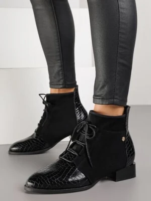 Czarne Sznurowane Botki do Kostki Vices Zdobione Tłoczeniem Skóry Węża Wedvire