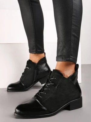 Czarne Sznurowane Botki na Płaskiej Podeszwie Ozdobione Rivianne