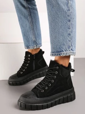 Czarne Sznurowane Botki Vices na Platformie Ozdobionej Tłoczeniem Savalirae