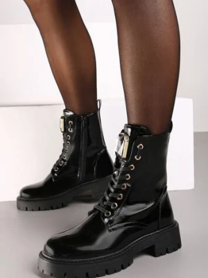 Czarne Sznurowane Botki na Platformie w Stylu Workerów z Aplikacją Kryształka Arrelae