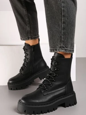 Czarne Sznurowane Botki Typu Worker na Masywnej Podeszwie Veranda