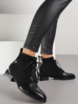 Czarne Sznurowane Botki Vices do Kostki z Wężowym Tłoczeniem Wodvira
