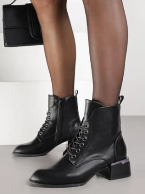 Czarne Sznurowane Botki Vices na Obcasie Klocku z Geometrycznym Zdobieniem Falassea