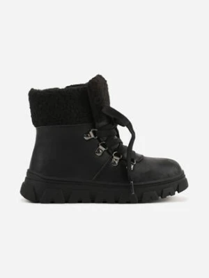 Czarne Sznurowane Botki Vices z Kożuszkiem i Tłoczoną Podeszwą Nelianea