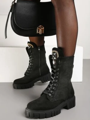 Czarne Sznurowane Botki w Stylu Workerów na Platformie z Tłoczeniem Ozdobione Cyrkoniami Ravetta