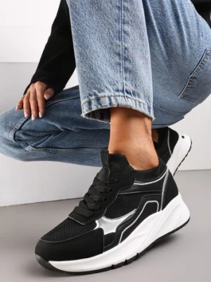 Czarne Sznurowane Sneakersy na Grubej Podeszwie z Błyszczącymi Wstawkami Nithirela