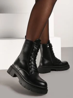 Czarne Sznurowane Klasyczne Płaskie Botki w Stylu Workerów Firiti