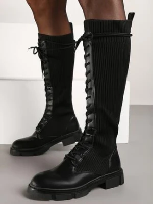 Czarne Sznurowane Kozaki na Płaskiej Podeszwie z Elastyczną Cholewką Annathe bosido