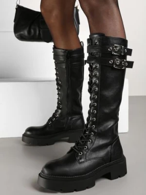 Czarne Sznurowane Kozaki na Platformie w Stylu Workerów z Paskami i Klamrami Asintoria