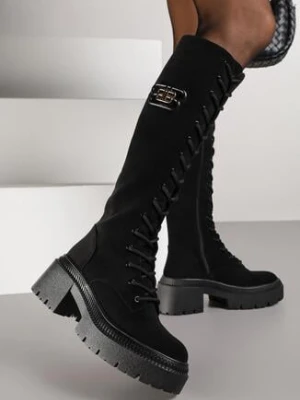 Czarne Sznurowane Kozaki Vices z Imitacji Zamszu na Platformie w Stylu Grunge Lattime