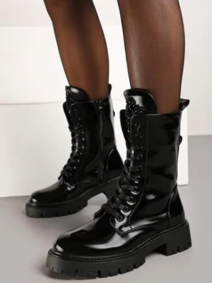 Czarne Sznurowane Płaskie Botki Lakierowane w Stylu Workerów Remiyana