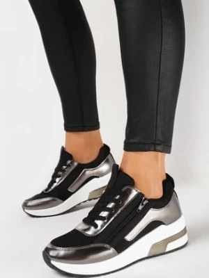Czarne Sznurowane Sneakersy na Grubej Podeszwie z Błyszczącymi Wstawkami i Suwakiem Revilinsa