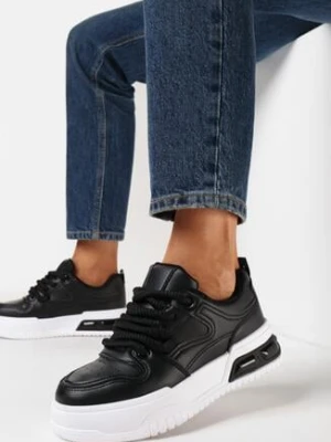 Czarne Sznurowane Sneakersy na Grubej Podeszwie z Ekoskóry z Przeszyciami Malacia