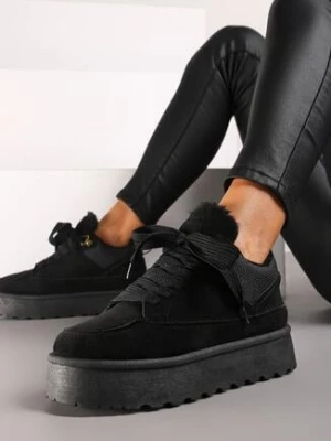 Czarne Sznurowane Sneakersy na Grubej Podeszwie z Futerkiem Vaitaly