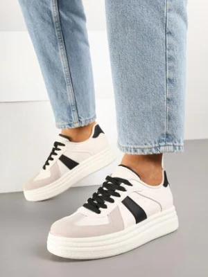 Beżowo-Czarne Sznurowane Sneakersy na Grubej Podeszwie z Geometrycznym Motywem Melmi