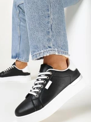Czarne Sznurowane Sneakersy na Grubej Podeszwie z Metaliczną Wstawką Thimmilee