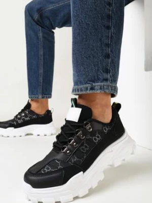 Czarne Sznurowane Sneakersy na Grubej Podeszwie z Ozdobnym Wzorem Tannai