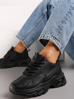 Czarne Sznurowane Sneakersy na Grubej Podeszwie z Przeszyciami Vleni