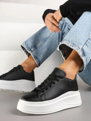 Czarne Sznurowane Sneakersy na Niskiej Platformie z Imitacji Skóry Ajanfa