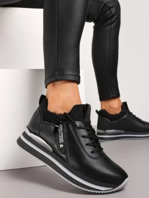 Czarne Sznurowane Sneakersy na Niskiej Platformie z Ozdobnym Suwakiem Alirapa