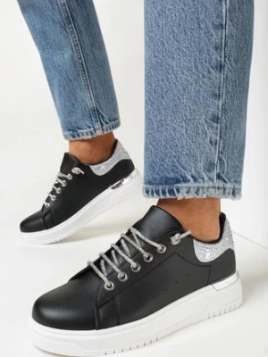 Czarne Sznurowane Sneakersy na Płaskiej Podeszwie z Cyrkoniami Myleigh