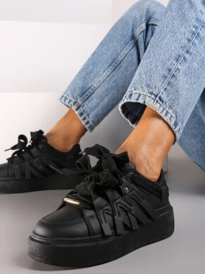 Czarne Sznurowane Sneakersy na Platformie Ozdobione Paskami Lerinique