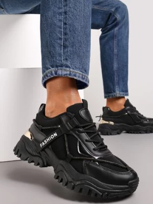 Czarne Sznurowane Sneakersy z Ozdobnym Paskiem i Metalicznymi Wstawkami Asterella