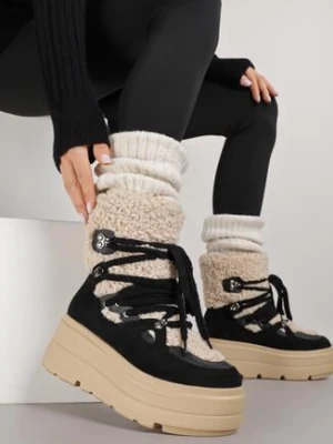 Czarne Sznurowane Śniegowce na Platformie Zdobione Futerkiem Zeriba super mode