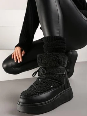 Czarne Sznurowane Śniegowce Vices na Grubej Podeszwie Ozdobione Futerkiem Nomizola