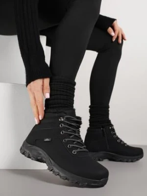 Czarne Sznurowane Traperki na Płaskiej Podeszwie Wyścielone Futerkiem Magsir