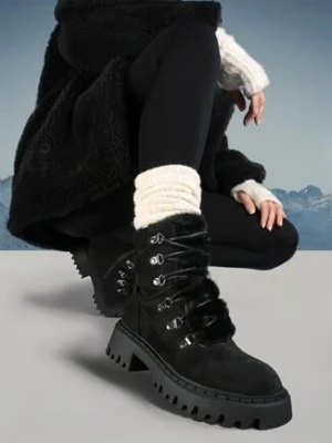 Czarne Sznurowane Traperki z Ekozamszu z Futerkiem na Języku Mestiara