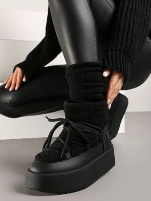 Czarne Sznurowanie Śniegowce na Platformie Ozdobione Futerkiem w Stylu Baranka Miaviera