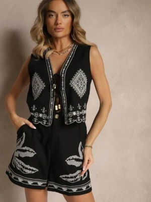 Czarne Szorty High Waist z Bawełny Zdobione Haftem Filianira