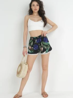 Czarne Szorty z Gumką w Pasie i Koronką z Wiskozy z Roślinnym Motywem Dhania r&f fashion