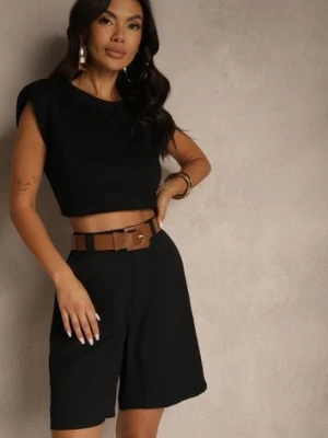 Czarne Szorty z Wiskozą w Eleganckim Stylu z Paskiem z Klamrą Aravene elsa.m by may