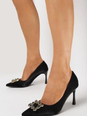 Czarne Szpilki z Ekoskóry na Lakierowanym Obcasie z Ozdobną Klamrą Dimane