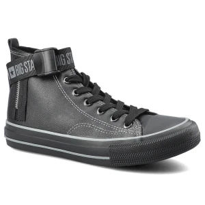 Zdjęcie produktu Trampki damskie Big Star, z cholewką z materiału imitującego skórę klasycznym sznurowaniem i zamkiem z boku, czarne, GG274026