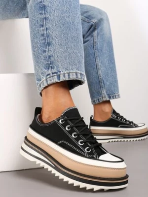 Czarne Trampki na Ozdobnej Platformie ze Sznurowaniem Moonoria