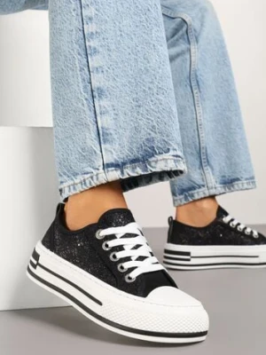 Czarne Trampki na Platformie z Niską Cholewką i Koronką Jenalora lady glory