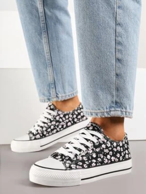 Czarne Trampki z Cholewką Zdobioną Kwiatowym Wzorem Folaianna via giulia