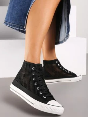 Czarne Trampki z Wysoką Cholewką Ozdobione Perforacją Velagia