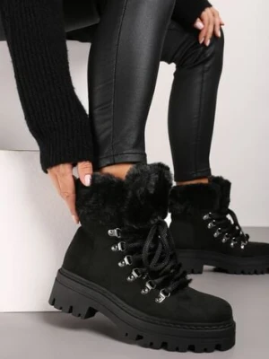 Czarne Traperki z Futerkiem na Grubej Podeszwie Tairene