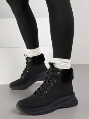 Czarne Trapery na Grubej Podeszwie Ozdobione Futerkiem Furitte super mode